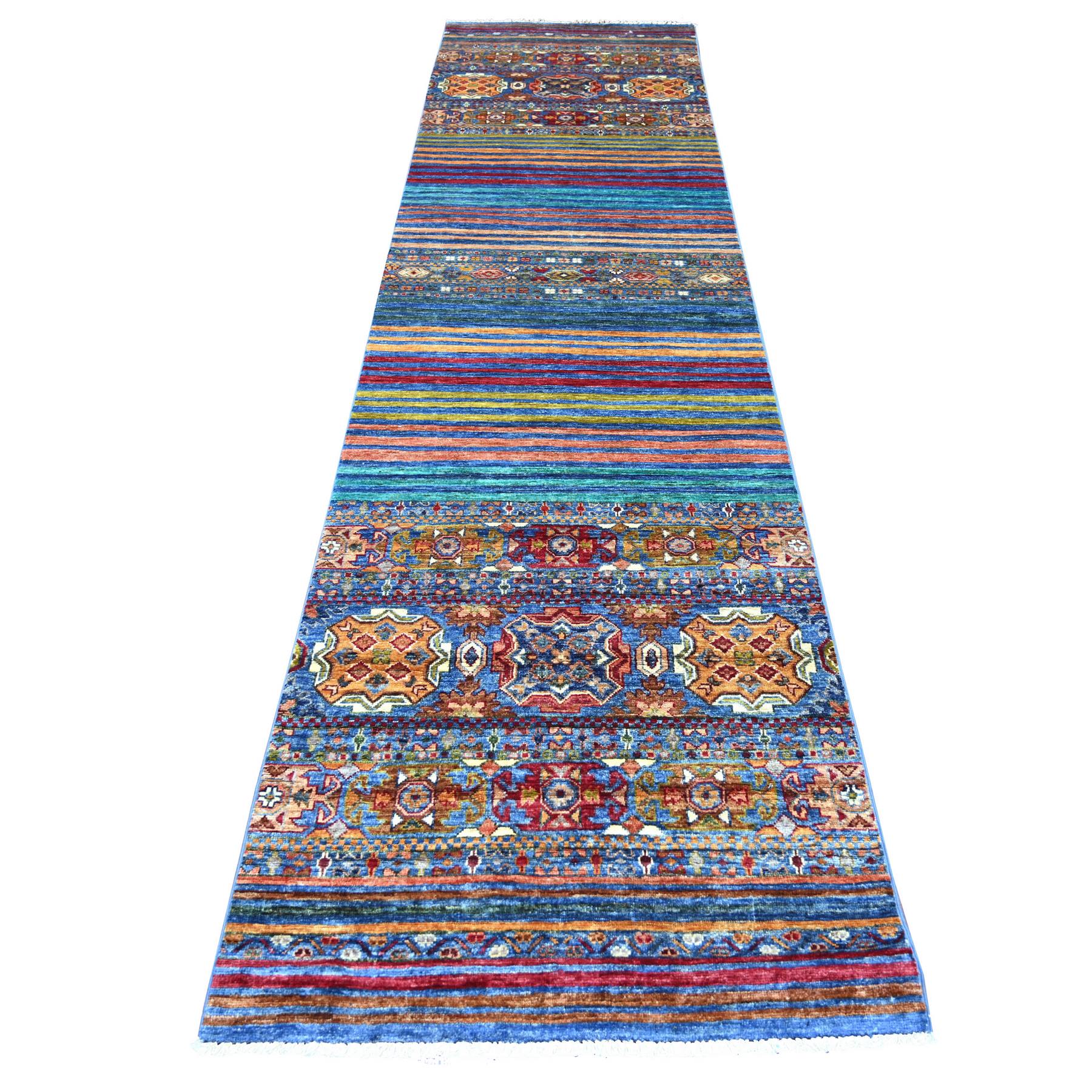 Yonder Blue, Afghan Super Kazak with Khorjin Design, Hand Knotted, Pure Wool, Vegetable Dyes, Runner, Oriental Rug